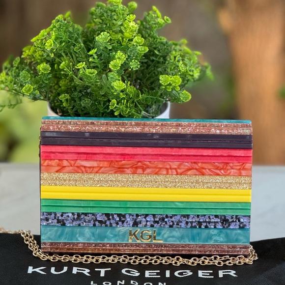 KURT GEIGER LONDON PARTY CLUTCH BAG new with dust bag rainbow paneled pe… - Picture 3 of 11